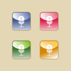 Icono de Primera Comunión en botones de colores. Ilustración vectorial