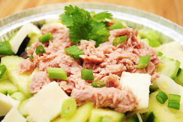 Close-Up of Flaked Tuna on a Green Vegetable Salad