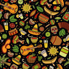 Obraz premium Cartoon hand-drawn latin american, mexican seamless pattern