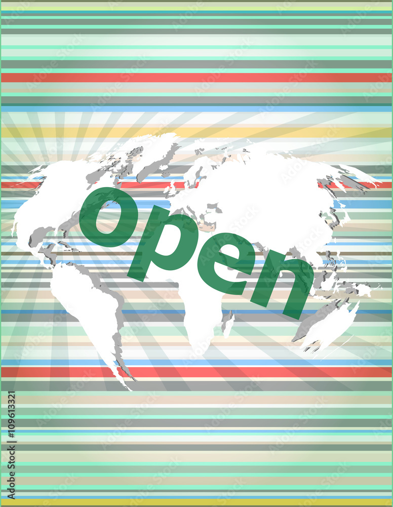 Poster security concept: open word on digital screen vector quotation marks with thin line speech bubble. c