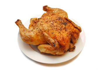 Whole Roasted Chicken on a Round White Platter