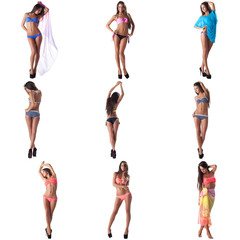 Model advertises swimwear. Collage of many photos