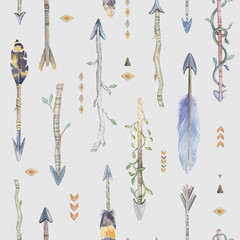 Watercolor boho seamless pattern with arrows.  Decoration native