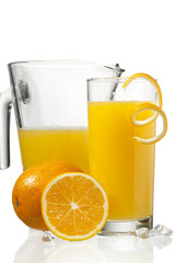 orange juice in glass and a jar.