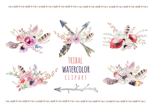 Watercolor colorful ethnic set of arrows  and flowers in native