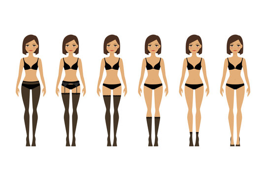 Womens lingerie. Young woman in different types of lingerie vector illustration
