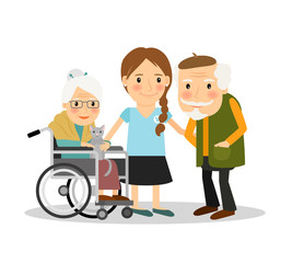 Caring for elderly patients. Young woman assisting elderly people. Vector illustration