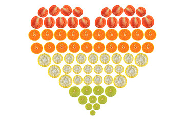Fruit and vegetable heart shape on white background
