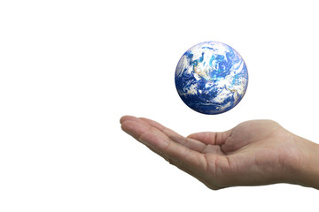 Isolated hand opened up and the earth