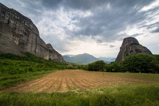 Meteora view with cloudy sky in central Greece, Europe
