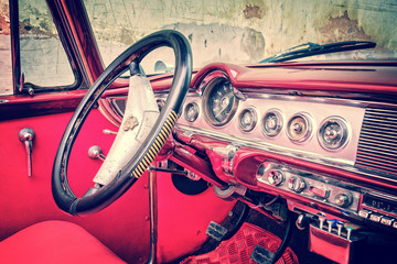 Inside of a vintage classic american car in Cuba, vintage process