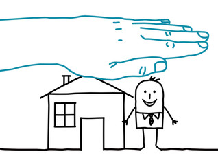 big hand and cartoon characters - house insurance