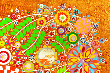 Still life art with roses and various flowers on gold background. Space for text. Gold paints splash on black. Textured gold art painting with flowers. Floral art composition in gold.