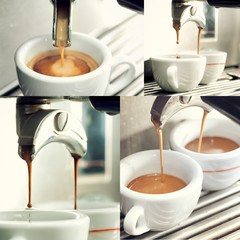 Collage of an espresso machine making a cup of coffee.