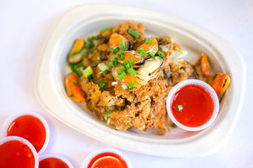 delicious Thai noodle shrimp with fry oyster shell, which is the