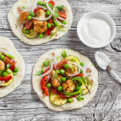 Chicken meatballs and fresh vegetables tortilla. Healthy delicious lunch or snack. On light wooden rustic background