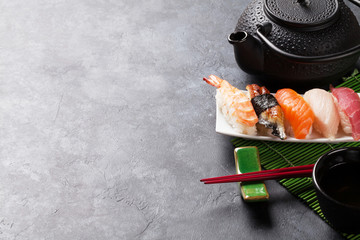 Set of sushi and green tea