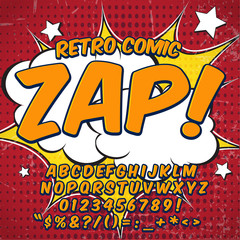 Comic retro alphabet set. Yellow color version. Letters, numbers and figures for kids' illustrations, websites