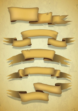 five gold banners with realistic shadows in old style.vector illustration