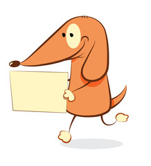 a vector illustration representing a friendly cartoon dog walking on two legs and bringing a blank 

sign with copy space in his hands, isolated on white background