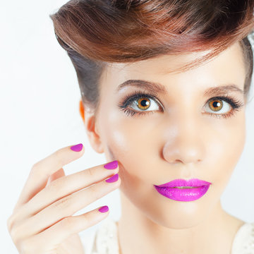 Beautiful Fashion Girl Face with Fancy Hairstyle, Colorful Nail Polish