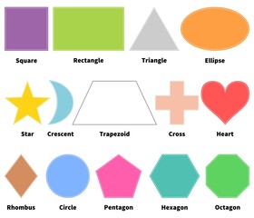 Basic shapes for kids. Learn 2D shapes. Isolated. White background
