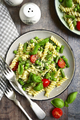 Pasta primavera on a vintage plates.