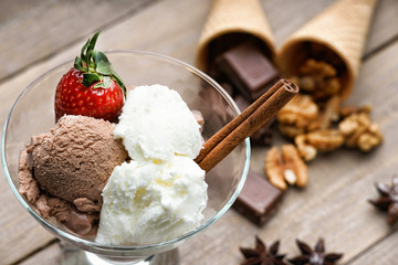 Ice cream sundae, waffle cone and chocolate pieces