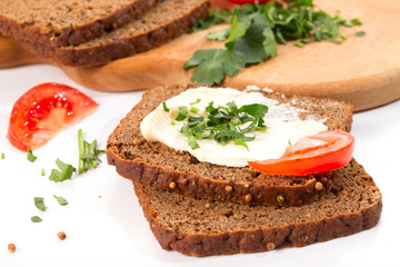 Sandwiches from rye bread on a white background