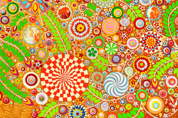 Still life art with roses and various flowers on the gold decorative background. Textured art painting with flowers. Floral art composition.