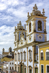 Fototapeta premium Facade of the Church of Our Lady of the Rosary of the Blacks Liners in the Pelourinho in Salvador. Built in the early 17th century by slaves to be used by them