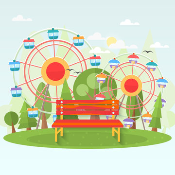 Banch in amusement park . Vector flat illustration .