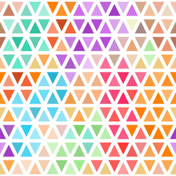 Abstract seamless pattern of bright colored triangles on white .