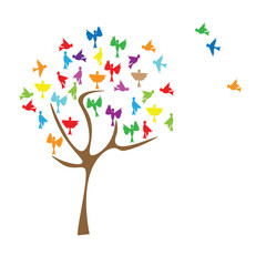 Abstract background. Tree with colored birds . Vector illustration. White background,