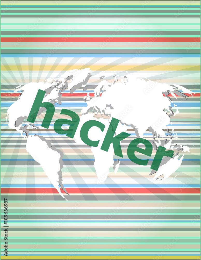Poster privacy concept: words hacker on digital background vector quotation marks with thin line speech bub