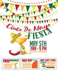 Cinco De Mayo bunting background. Cinco de Mayo ad, signage, card, invitation template. Colorful layout for Cinco de Mayo fiesta with copy space. EPS 10 vector royalty free stock illustration.