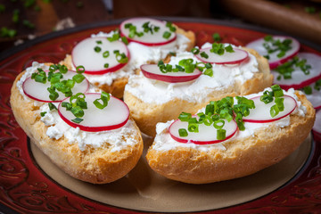 Toasts with radish, chives and cottage cheese.