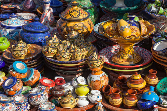Traditional Moroccan pottery in a street market