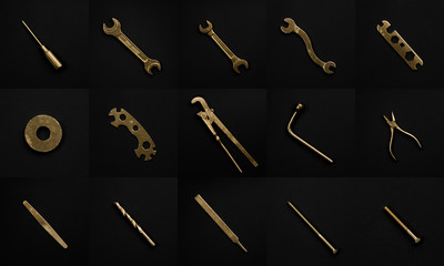 Collage of golden repair tools and elements isolated on black ba