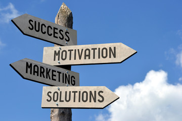 Success, motivation, marketing, solutions signpost