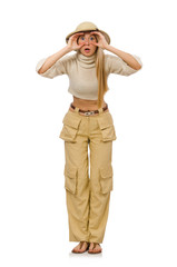 Pretty woman in beige trousers isolated on white