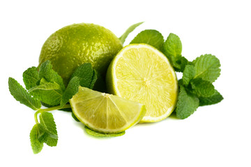 Fresh lime and mint. Isolated on white background