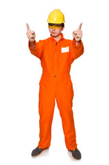Man in orange coveralls isolated on white