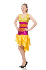 Woman in funny sparkling yellow dress isolated on white