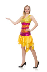 Woman in funny sparkling yellow dress isolated on white