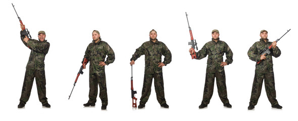 Soldier with sniper rifle isolated on white