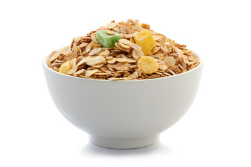 Muesli breakfast in bowl on white background