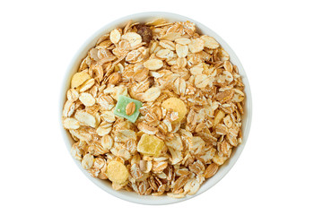 Muesli breakfast in bowl on white background