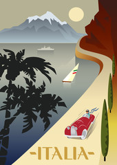 Summer road to the sea. The lake shore, the mountains. Holiday on the French Riviera, Liguria. Poster in the Art Deco style. - 109645190