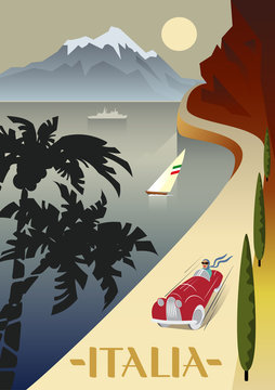 Summer road to the sea. The lake shore, the mountains. Holiday on the French Riviera, Liguria. Poster in the Art Deco style.